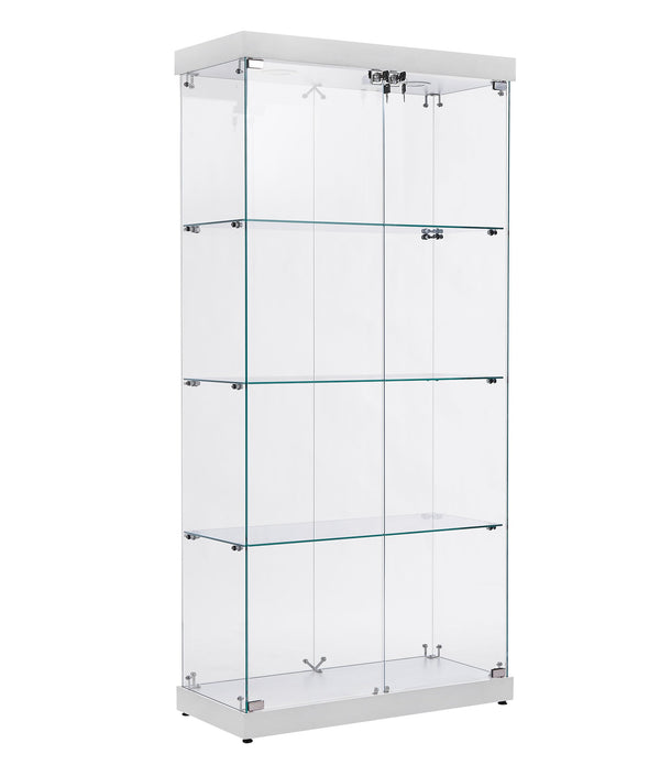 English Elm 4-Tier Glass Display Cabinet with Lights, Tempered Glass, MDF, Wheels & Adjustable Feet, White, 31.5"L x 14.2"W x 66.3"H W1668S00002