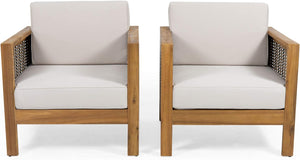 English Elm Christopher Knight Home® - Set of 2 Acacia Wood Outdoor Club Chairs with Wicker Accents, Water-Resistant Cushions, Durable Finish Brown+Beige 68942.00BGE-2