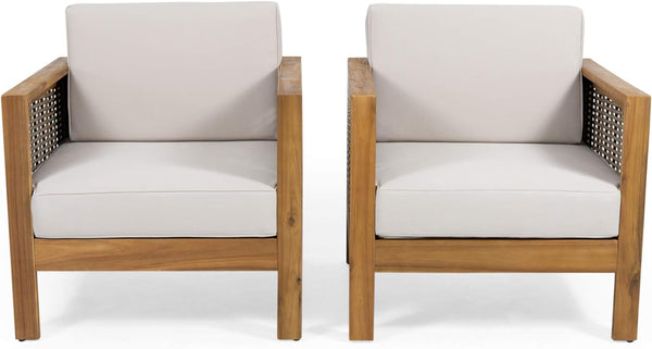 English Elm Christopher Knight Home® - Set of 2 Acacia Wood Outdoor Club Chairs with Wicker Accents, Water-Resistant Cushions, Durable Finish Brown+Beige 68942.00BGE-2