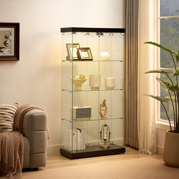 English Elm 4-Tier Glass Display Cabinet with Wheels & Adjustable Feet, Tempered Glass, Ambient LED Lights, Black W1668S00001