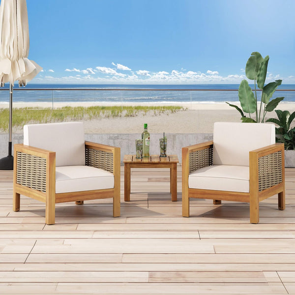 English Elm Christopher Knight Home® - Set of 2 Acacia Wood Outdoor Club Chairs with Wicker Accents, Water-Resistant Cushions, Durable Finish Brown+Beige 68942.00BGE-2
