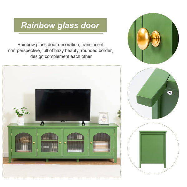English Elm 71-inch Antique Green TV Console Table with Solid Wood Frame, Changhong Glass Doors & Metal Handles — Stylish Media Center for Bedroom or Kids' Room (74.8x22.05x7.87) W67966833