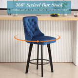 Hearth and Haven Ys Modern Swivel Bar Stools Velvet Barstools Button Tufted Bar Stools Rivet Trim Bar Stools For Kitchen Island, Bistro, with Metal Pull Ring Sturdy Footrest Large Backrest For Home Bar, Blue W2311P149169