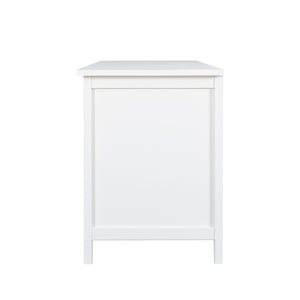 English Elm 71-inch Rustic TV Console Table with Solid Wood Frame, Changhong Glass Doors & Metal Handles—Antique White, Kid-Friendly Living Room Storage (74.8x22.05x7.87) W679P144771