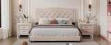 English Elm Queen Size Upholstered Bed Frame With Rivet Design, Modern Velvet Platform Bed With Tufted Headboard,Beige