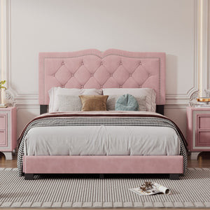 English Elm Full Size Upholstered Bed Frame With Rivet Design, Modern Velvet Platform Bed With Tufted Headboard,Pink