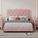 Upholstered Bed Frame, Modern Velvet Platform with Rivet Design & Tufted Headboard, Pink