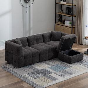 Hearth and Haven 87.7" Sectional Sofa Cozy Teddy Fleece Fabric Sectional Sofa Couch with Two Usb Ports a Movable Storage Ottoman and Two Lumbar Pillows For Living Room SG001400AAE