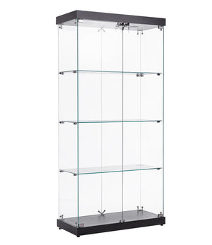 English Elm 4-Tier Glass Display Cabinet with Wheels & Adjustable Feet, Tempered Glass, Ambient LED Lights, Black W1668S00001