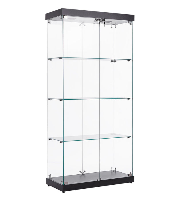English Elm 4-Tier Glass Display Cabinet with Wheels & Adjustable Feet, Tempered Glass, Ambient LED Lights, Black W1668S00001