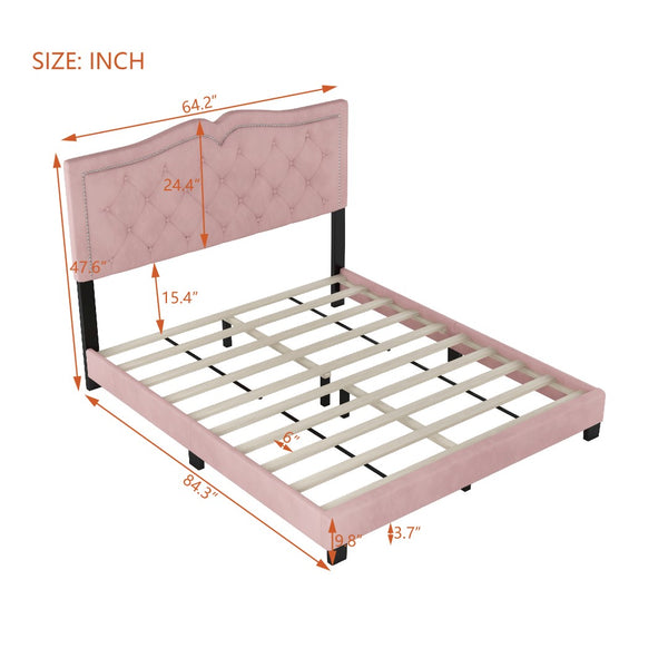 English Elm Queen Size Upholstered Bed Frame With Rivet Design, Modern Velvet Platform Bed With Tufted Headboard,Pink