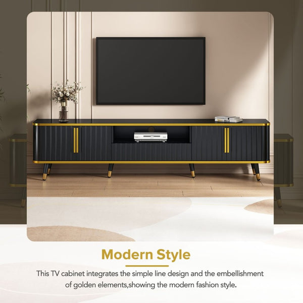 English Elm On-trend Glam Minimalist Media Console with Gold Iron Legs Open Shelf for Living Room Gold+Black WF320395AAB
