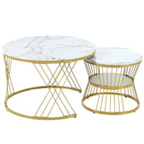 English Elm Φ27.5'' & Φ17.7'' Nesting Coffee Table With Marble Grain Table Top, Golden Iron Frame Round Coffee Table, Set Of 2, For Living Room, Balcony, White