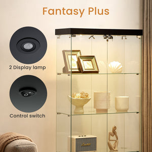 English Elm 4-Tier Glass Display Cabinet with Wheels & Adjustable Feet, Tempered Glass, Ambient LED Lights, Black W1668S00001