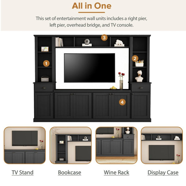 English Elm Minimalist Modular Wall Unit Four Piece Entertainment System Fits Tvs up to 75 Inches Black SD000031AAB