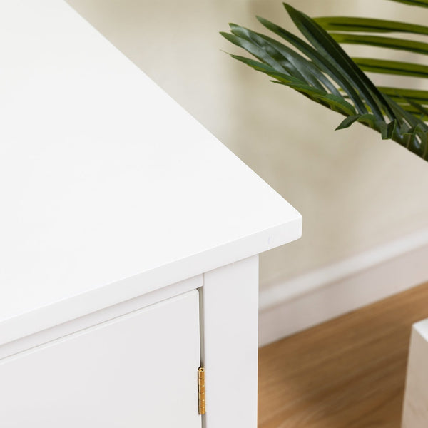 English Elm 71-inch Rustic TV Console Table with Solid Wood Frame, Changhong Glass Doors & Metal Handles—Antique White, Kid-Friendly Living Room Storage (74.8x22.05x7.87) W679P144771