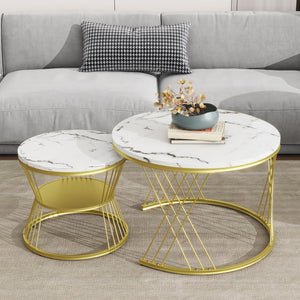 English Elm Φ27.5'' & Φ17.7'' Nesting Coffee Table With Marble Grain Table Top, Golden Iron Frame Round Coffee Table, Set Of 2, For Living Room, Balcony, White