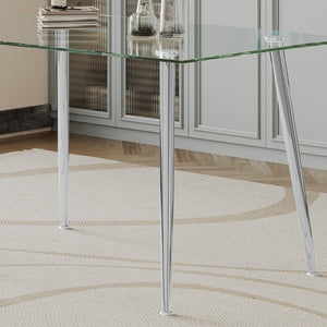 English Elm 0.32" Tempered Glass Rectangular Dining Table with Polished Steel Legs Seats Four W1311S00315