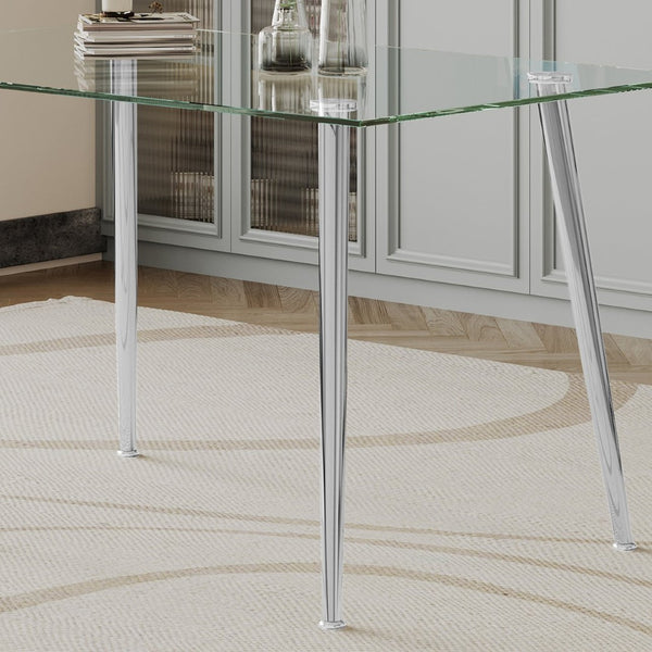 English Elm 0.32" Tempered Glass Rectangular Dining Table with Polished Steel Legs Seats Four W1311S00315
