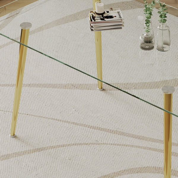 English Elm 0.32" Thick Tempered Glass Dining Table with Gold Steel Legs Seats Six W1311S00298