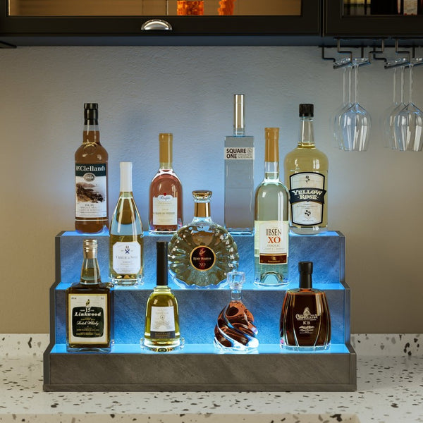 English Elm Led Illuminated Liquor Bottle Display Shelf 3 Tier Freestanding Bar Accent with App Control Grey W2178P163147