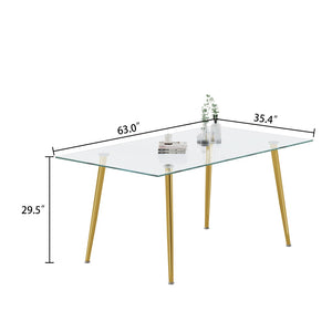 English Elm 0.32" Thick Tempered Glass Dining Table with Gold Steel Legs Seats Six W1311S00298