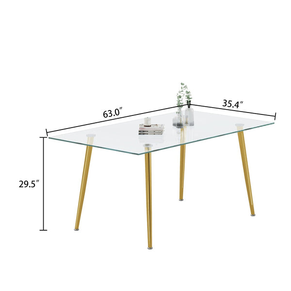 English Elm 0.32" Thick Tempered Glass Dining Table with Gold Steel Legs Seats Six W1311S00298