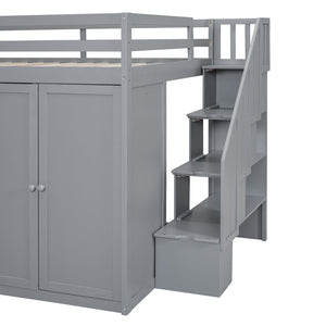 English Elm Full Size Pinewood Loft Bed with Wardrobe Staircase Storage and Open Shelving White Gray LT000524AAE