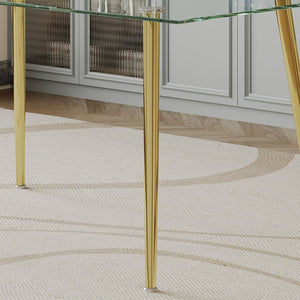 English Elm 0.32" Thick Tempered Glass Dining Table with Gold Steel Legs Seats Six W1311S00298