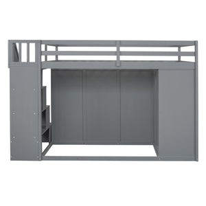 English Elm Full Size Pinewood Loft Bed with Wardrobe Staircase Storage and Open Shelving White Gray LT000524AAE