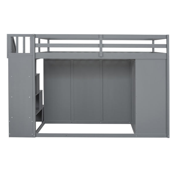 English Elm Full Size Pinewood Loft Bed with Wardrobe Staircase Storage and Open Shelving White Gray LT000524AAE
