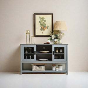 English Elm Sideboard Grey Buffet Table with Tempered Glass Doors, Adjustable Shelves, Cable Management W965P147787