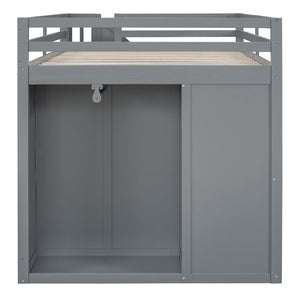 English Elm Full Size Pinewood Loft Bed with Wardrobe Staircase Storage and Open Shelving White Gray LT000524AAE