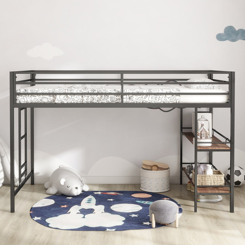 English Elm Adam Junior Twin Loft Bed In Black With Cinnamon Wood Shelf – Safe, Space-Saving Design For Kids! B083P154188