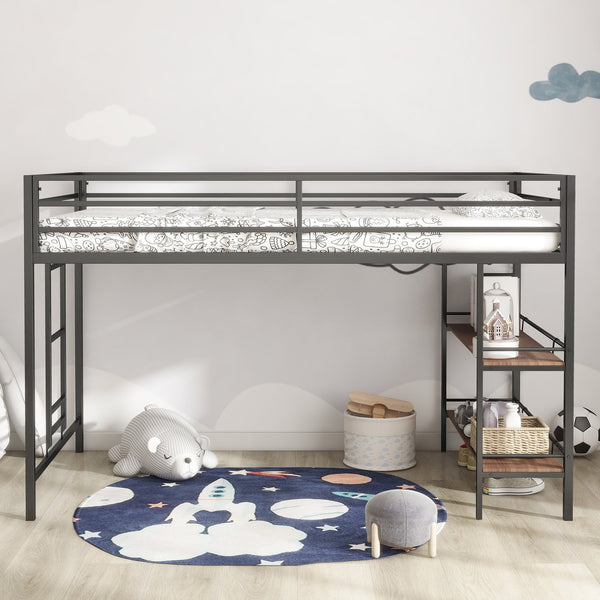 English Elm Adam Junior Twin Loft Bed In Black With Cinnamon Wood Shelf – Safe, Space-Saving Design For Kids! B083P154188