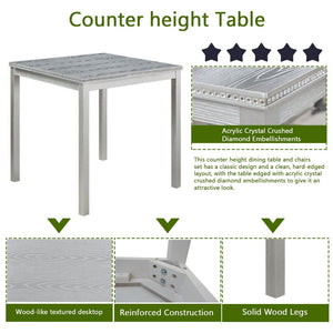 English Elm Wooden Counter Height Square Dining Table Glam Crystal Edge Detail Seats Four Silver Grey W1998128389