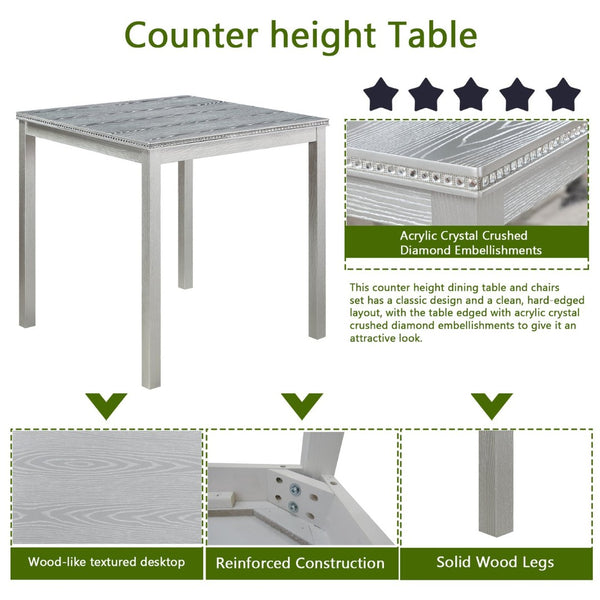 English Elm Wooden Counter Height Square Dining Table Glam Crystal Edge Detail Seats Four Silver Grey W1998128389