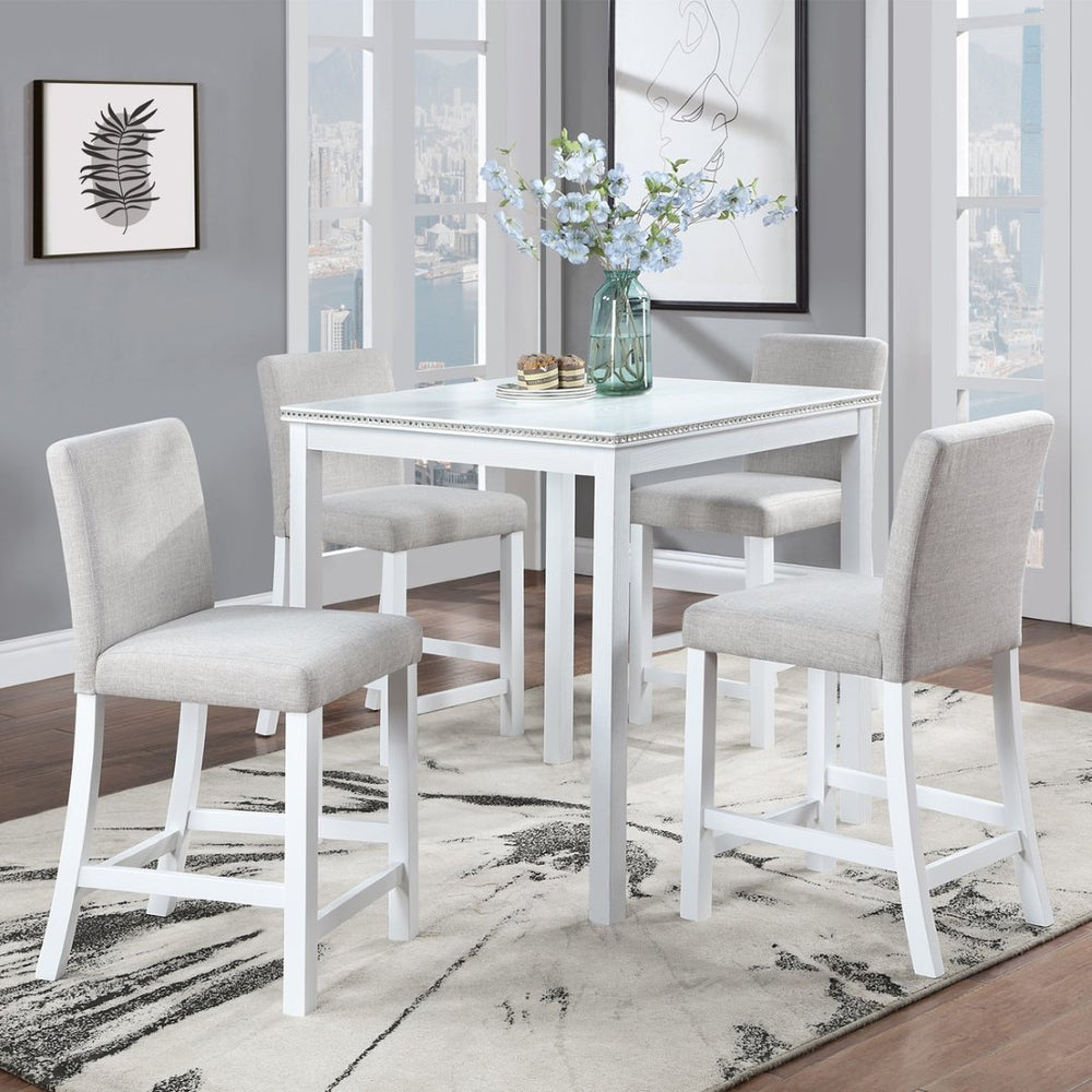 English Elm Wooden Counter Height Square Dining Table Glam Crystal Edge Detail Seats Four White W1998128390