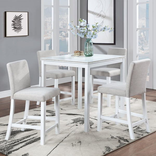 English Elm Wooden Counter Height Square Dining Table Glam Crystal Edge Detail Seats Four White W1998128390