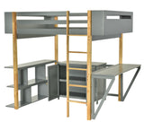 Hearth and Haven Full Size Wood Loft Bed with Built-In Storage Cabinet and Cubes, Foldable Desk LT000712AAE