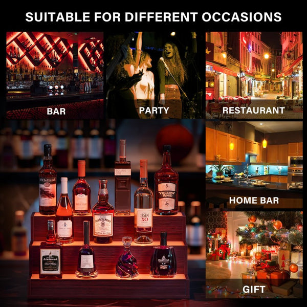 English Elm Led Illuminated Liquor Bottle Display Shelf 3 Tier Freestanding Bar Accent with App Control Walnut W2178P163149