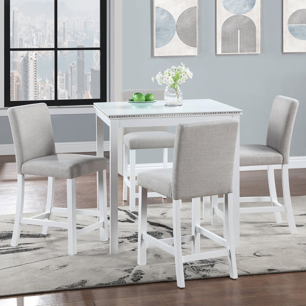 English Elm 5 Piece Counter Height Table Set - Elegant Square Dining Table With Crystal Edges & 4 Plush Chairs W1998S00040