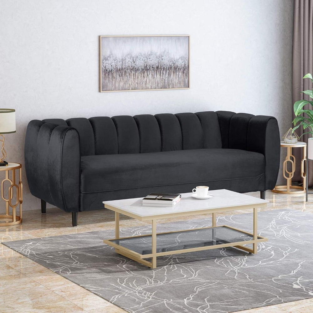 English Elm Miranda Channel Stitch Velvet Sofa Glam Living Room Seating with Tapered Birch Legs Black 68604.00ABLK_68604.00BBLK