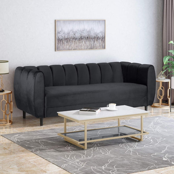 English Elm Miranda Channel Stitch Velvet Sofa Glam Living Room Seating with Tapered Birch Legs Black 68604.00ABLK_68604.00BBLK