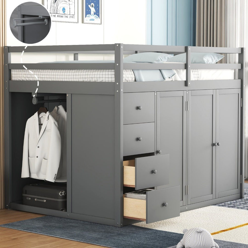 English Elm Full Size Pinewood Loft Bed with Wardrobe Staircase Storage and Open Shelving White LT000524AAE-1