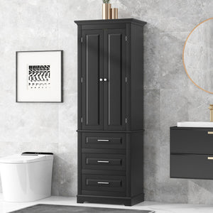 English Elm Tall Tall Storage Cabinet with Three Drawers and Doors for Bathroom or Office, Slim MDF Organizer Black WF299282AAB