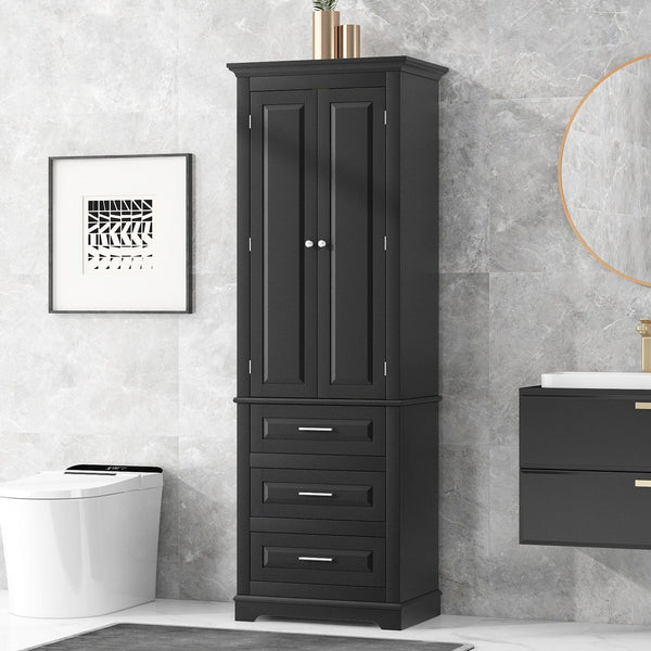 English Elm Tall Tall Storage Cabinet with Three Drawers and Doors for Bathroom or Office, Slim MDF Organizer Black WF299282AAB