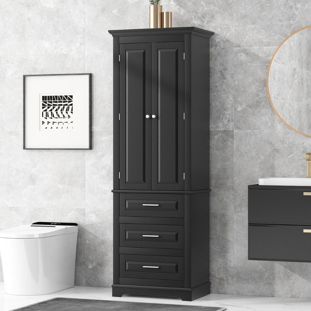 English Elm Tall Matte Black Storage Cabinet with Three Drawers and Enclosed Shelves for Home N725P333572B