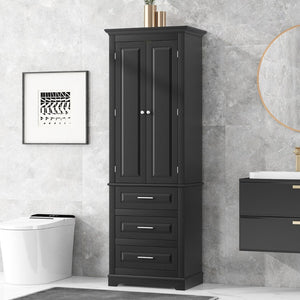 English Elm Tall Matte Black Storage Cabinet with Three Drawers and Enclosed Shelves for Home N725P333572B