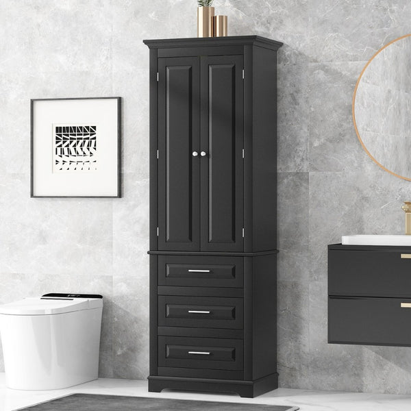 English Elm Tall Matte Black Storage Cabinet with Three Drawers and Enclosed Shelves for Home N725P333572B